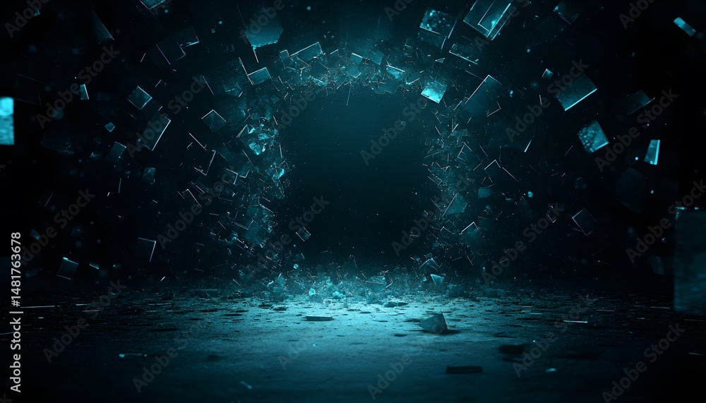 Poster abstract digital explosion: tech background with blue cubes and dark void, innovation and modern des