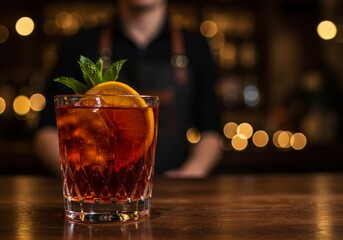 Photo of Negroni Cocktail With Orange and Mint at Bar
