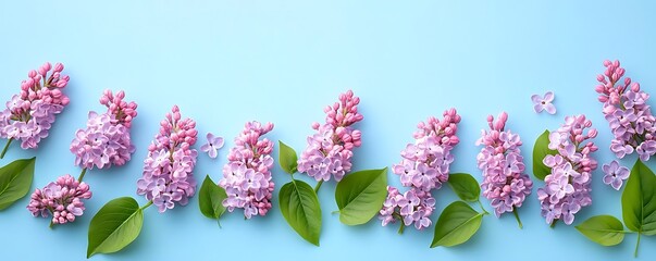 Lilac blossoms, spring border, blue background