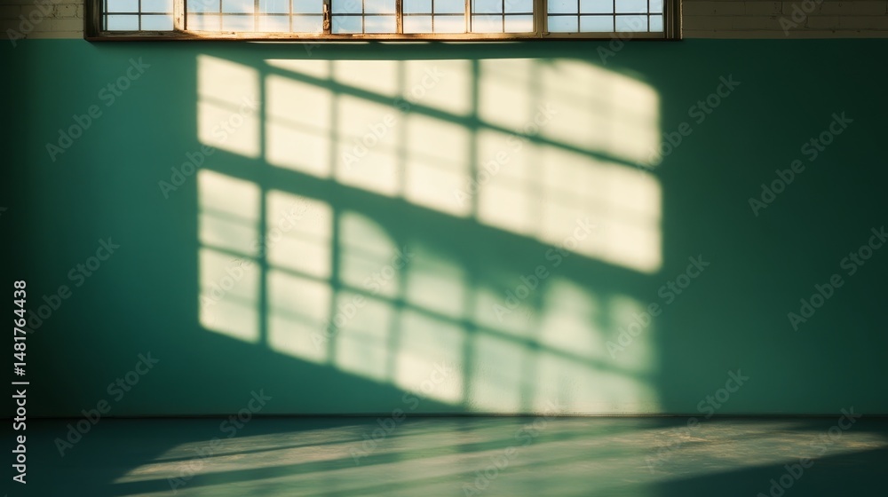 Poster sunlight streams through an old glass window, casting intricate shadows on a faded teal wall. the su