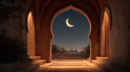Nighttime view of a Moroccan archway