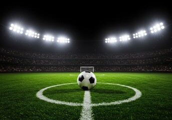 3D Illustration Soccer Ball on Field in Illuminated Stadium at Night