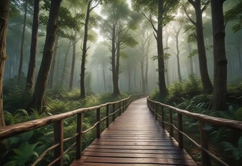 Obraz premium Wooden walkway in a dense forest with majestic trees towering overhead, vertical, tranquil