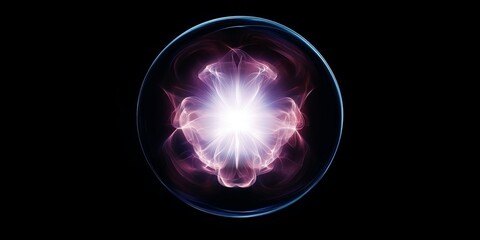 A captivating purple light is emanating from a perfectly shaped sphere that is placed against a striking black background
