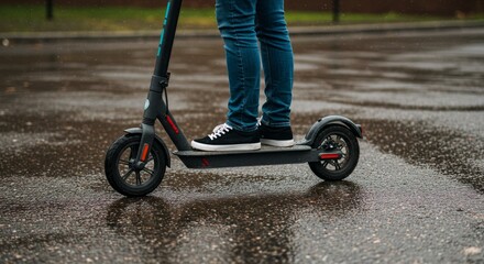 Photo of Person Riding Electric Scooter on Rainy City Street