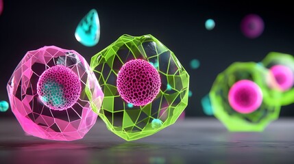 Abstract representation of cells, showcasing vibrant colours and intricate structures.  Detailed, 3D model of biological cells, possibly for educational purposes