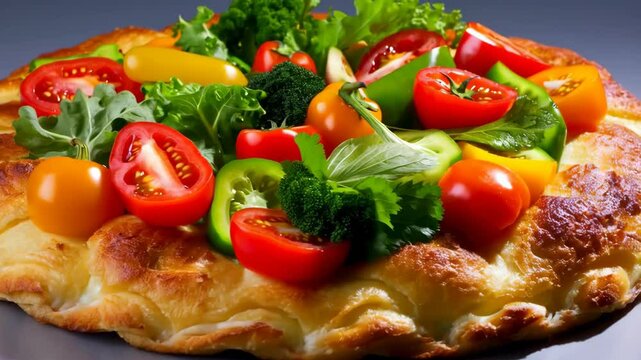 Savory vegetable galette with a golden crust topped with fresh tomatoes, peppers, broccoli, and greens for a healthy meal