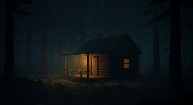 Isolated log cabin bathed in warm light within a dark, misty forest at night.