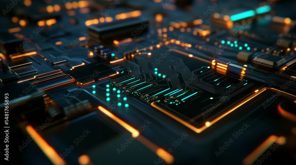 Poster close-up view reveals detailed circuit boards and server components illuminated by vibrant blue and 