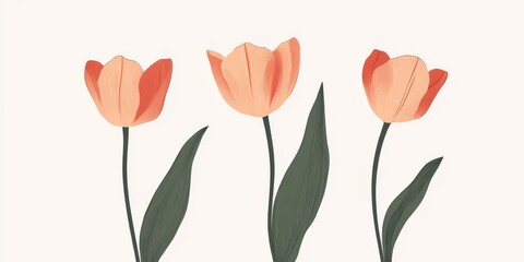 Three vibrant orange tulips with their lush green leaves elegantly displayed on a crisp white background, creating a beautiful contrast