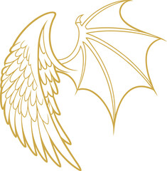 Golden line art of angel and dragon wings combined in a single elegant design. Perfect for fantasy themes, tattoos, and mythical artwork. Ideal for prints, logos, or symbolic concepts.