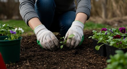 Fototapeta premium Photo of Planting Seedlings in Garden Soil