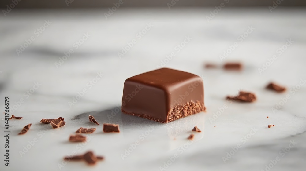 Poster a glossy dark chocolate piece sits on a marble surface, featuring a melted chocolate coating and sof