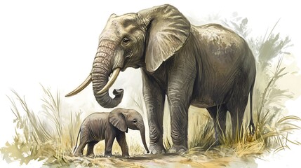 Fototapeta premium Majestic elephant stands protectively while a small calf explores the brush on transparent background