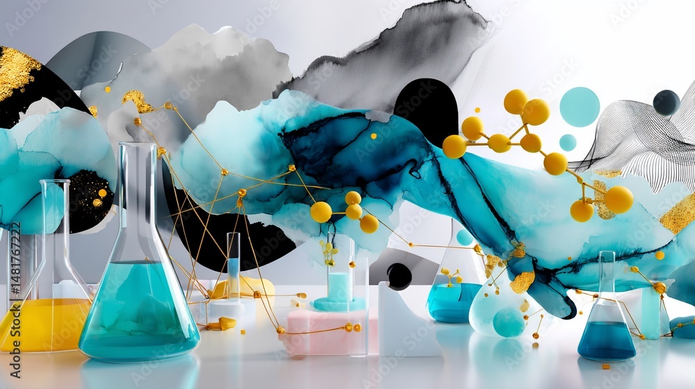 Poster abstract scientific laboratory scene with colorful liquids in beakers and flasks. fluid, dynamic sha