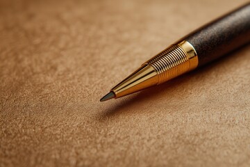 Elegant pen on textured golden background.