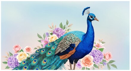 Illustration Pixel Art Peacock With Flowers
