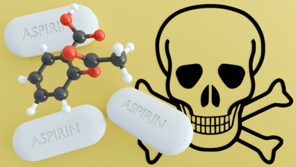 A 3d rendering of a classic skull and crossbones symbol, capsule-shaped pills and aspirin chemical structure. The risk of overdose or its potential toxicity if misused.