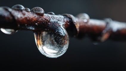 Close-up of a water droplet on a branch.