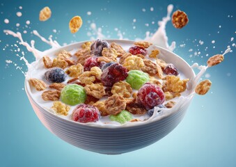 Colorful cereal and milk splashing in a bowl.