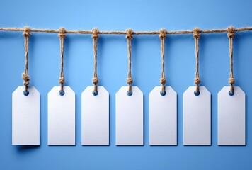 Blank white tags hanging on twine against blue background.