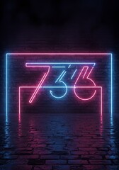 3D Neon Number 73 on Wet Brick Wall Background