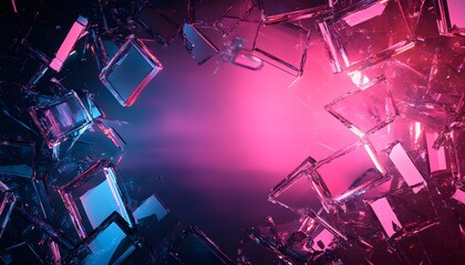 Abstract Geometric Glass Cube Frame with Neon Lights and Reflections for Futuristic Technology Concept