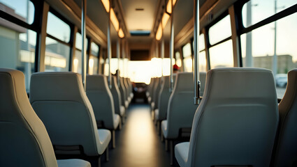 Inside a Modern Public Transportation Vehicle, A Serene View of Empty Seats and Sunlight Streaming Through Windows Creating a Peaceful Atmosphere