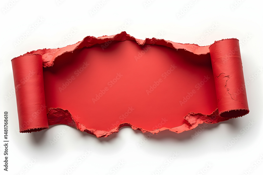 Poster intense crimson hued layered paper artwork showcasing a bold tear, creating a dynamic contrast and i