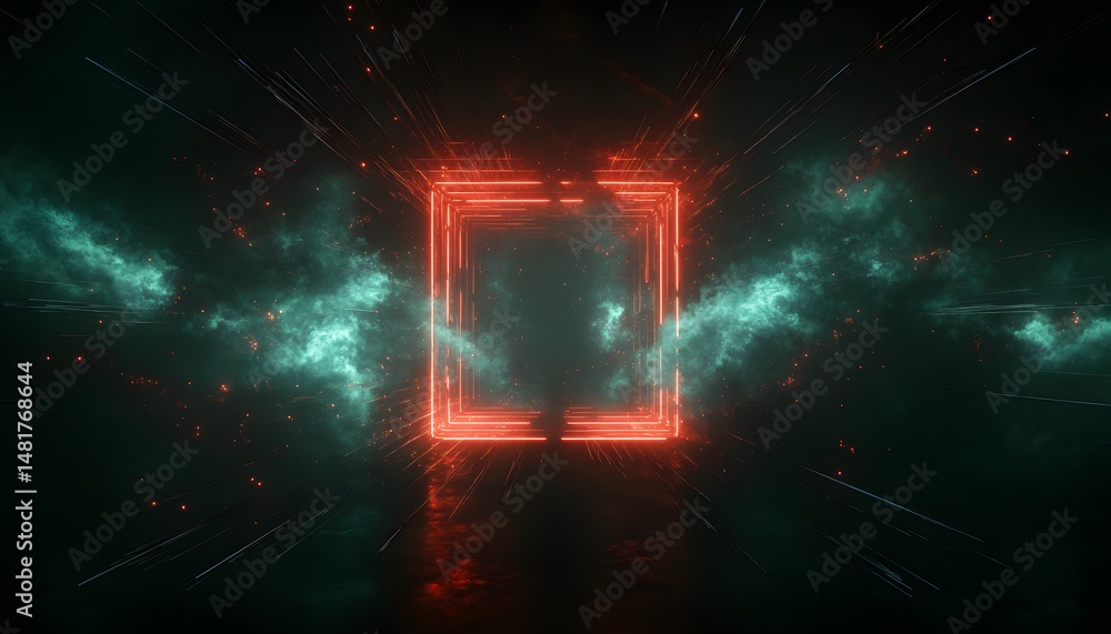 Poster geometric sci-fi portal: neon square frame in nebula space, futuristic dimension, abstract technolog