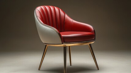 Stylish modern armchair with a sleek red and white design, featuring elegant curves and gold legs, perfect for contemporary interior decor.