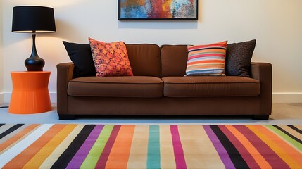 A modern living room with a brown sofa, a colorful striped rug, and a black lamp on a white wall.