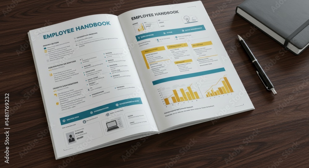 Aufkleber 3d open handbook with charts and graphs on wooden desk