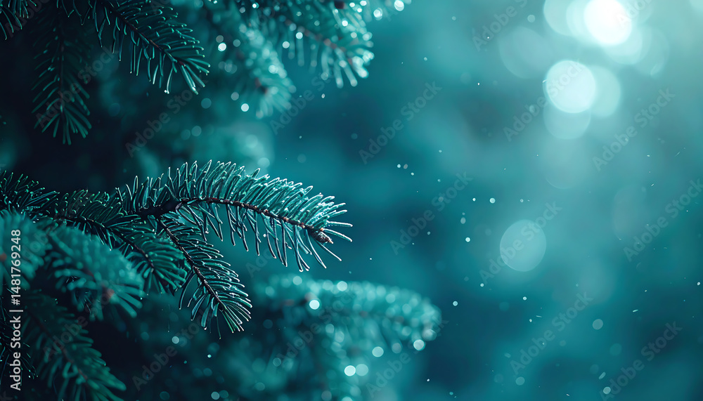 Poster close-up of evergreen branches with soft bokeh, creating a serene winter atmosphere with glimmering 