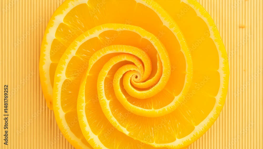 Poster intricate citrus spiral, a visually compelling pattern of sliced oranges creating a mesmerizing effe