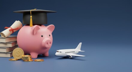 3D Piggy Bank Graduation Cap Diploma and Airplane on Blue Background
