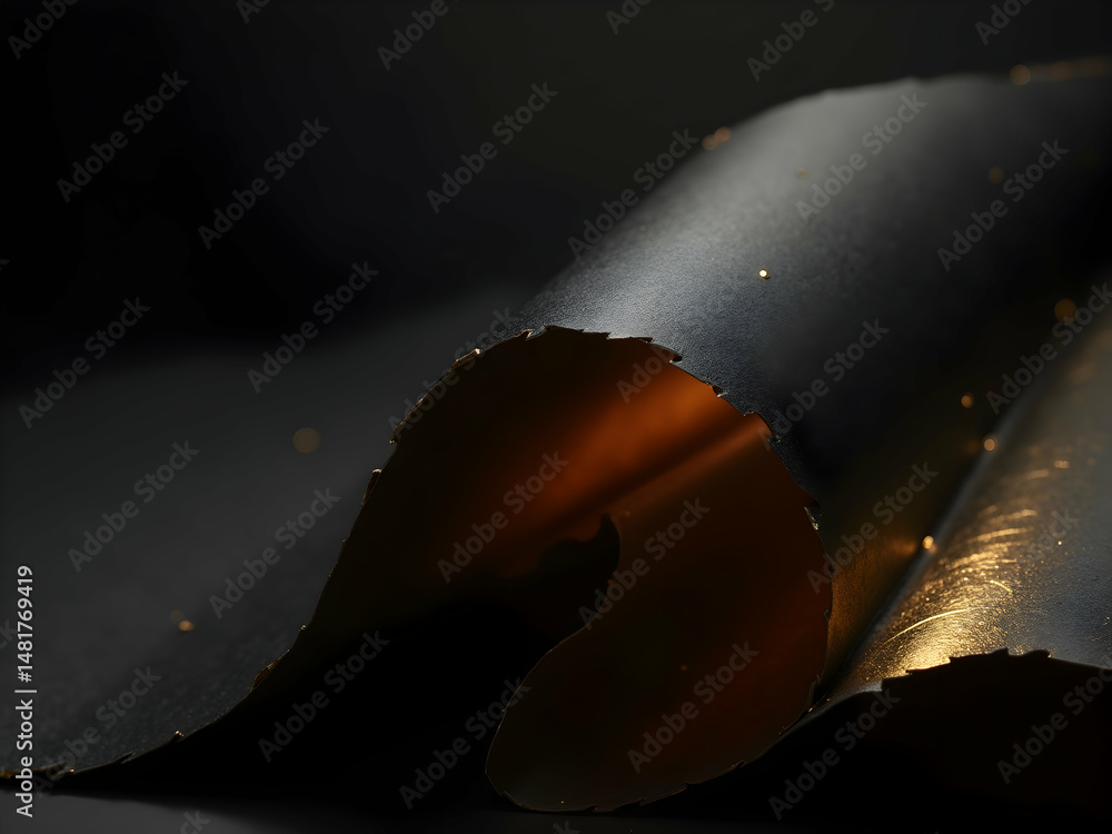 Poster intricate depiction showcasing the interplay of light and texture on a charred, curled material crea