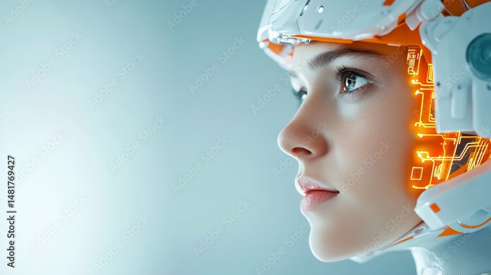 Aufkleber a sleek female robot gazes forward with an expressionless face, revealing glowing circuits beneath i
