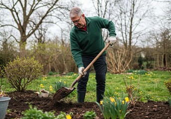 Photo of Senior Man Shoveling Soil in a Garden