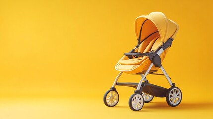 A pastel yellow background showcases a solitary baby stroller.