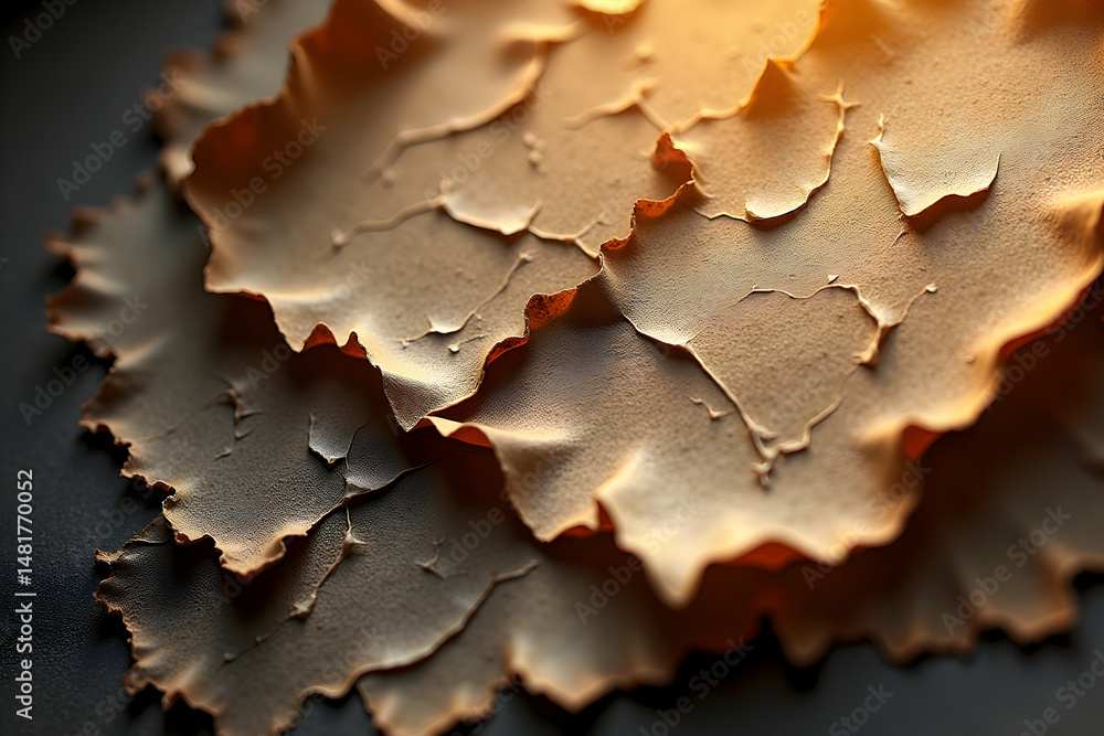 Poster intricate layers of textured material with warm tones and subtle shadows, captured in a highly reali