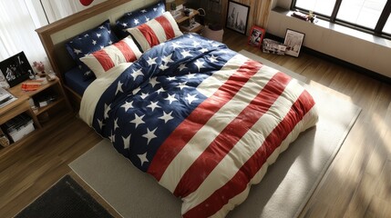 Obraz premium Bedroom With American Flag Design Bedding. A Comfortable And Stylish Space For Relaxation.