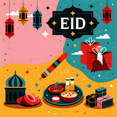Colorful Eid Celebration Illustration with Food, Gifts, and Lanterns
