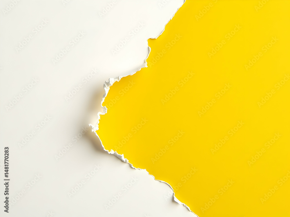 Poster intricate paper tear effect revealing a vibrant yellow surface beneath, creating a visually striking