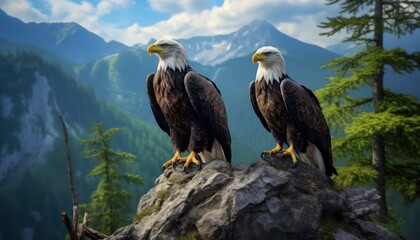 Obraz premium A pair of eagles stands tall on a tree trunk and large rock, with stunning landscape views