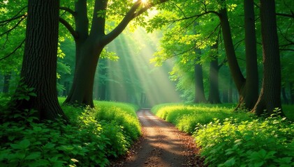 Fototapeta premium Sun-dappled forest path winding through lush green foliage , calm, trees