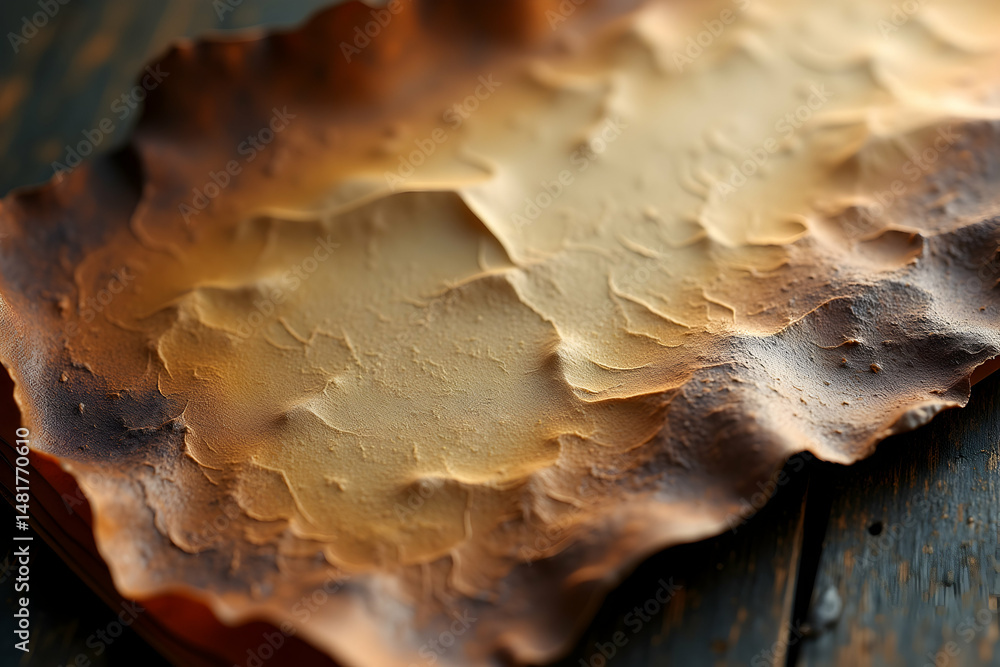 Poster intricate textures of scorched paper, a close-up view revealing patches of brown and beige with subt