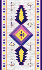 Colorful tribal rug with diamond patterns in yellow, purple, and pink, ideal for boho decor, kids' rooms, or eclectic modern living spaces.