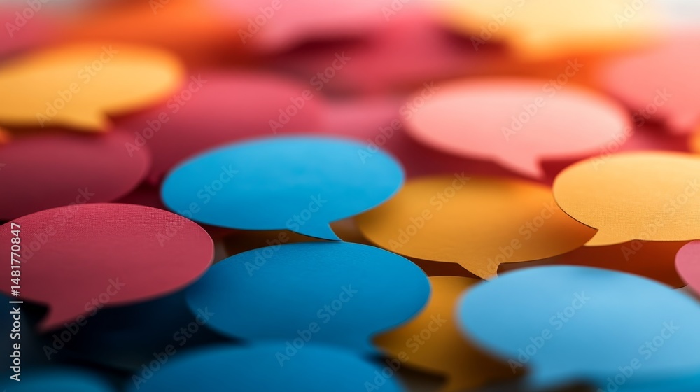 Poster A collection of colorful speech bubbles overlaps against a gradient background, representing lively discussions and communication in a visually engaging arrangement