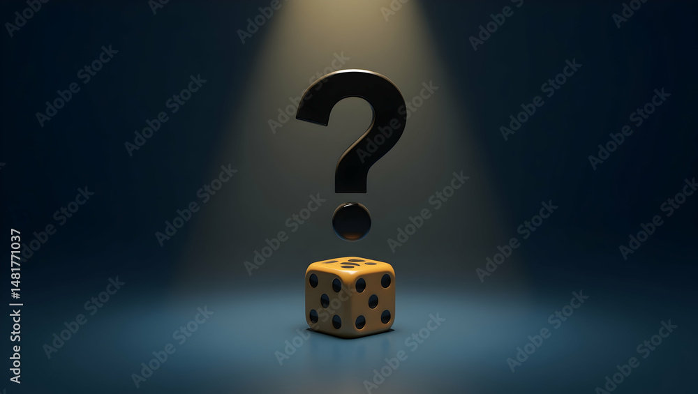 Poster intriguing 3d rendering showcasing a glossy dice cube beneath a question mark, symbolizing uncertain